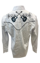 Load image into Gallery viewer, BUCKEROO SHIRTS: WHITE GUITAR GOLD HORSE PEARL SNAP
